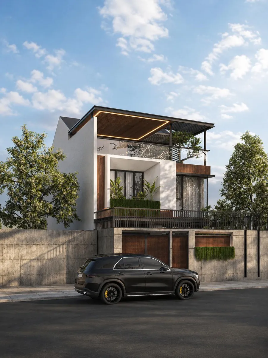 Phối cảnh mặt tiền với xe hơi